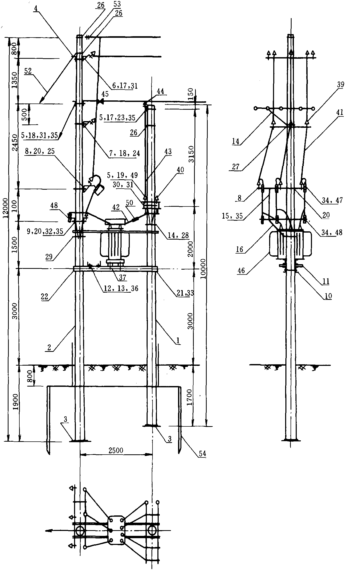 圖8-6 BT-6，12m終端型雙桿變臺(tái)安裝圖